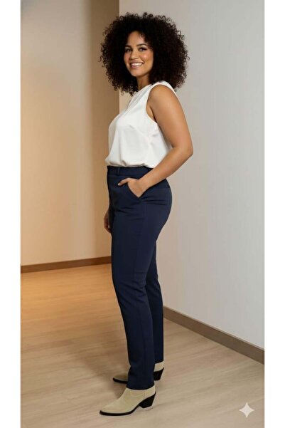 RMG Paça Slit Large Size Gabardine Trousers Navy Blue