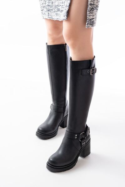 Zerenyus Zri̇n-3005 Premium Black Women's Heeled Boots with Zipper and Buckle Accessories