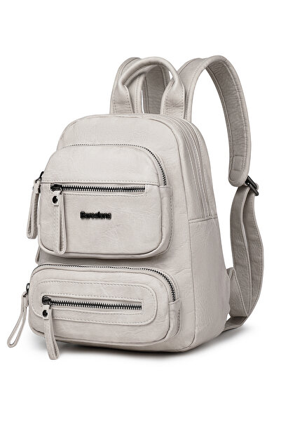 Hüvendo حقيبة ظهر نسائية يومية صغيرة الحجم متعددة الجيوب من برشلونة - جلد بولي يوريثان عالي الجودة باللون الرمادي