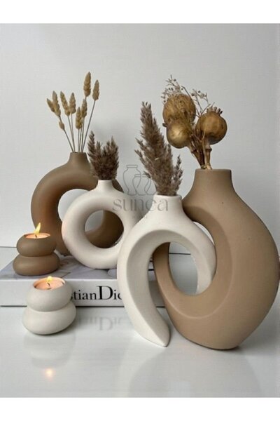 Sunea Dekoratif Sevgili Sarmaşık Vazo Set, Halka Vazo Tealight Mumluklu Set, Dekoratif Obje & Biblo Set