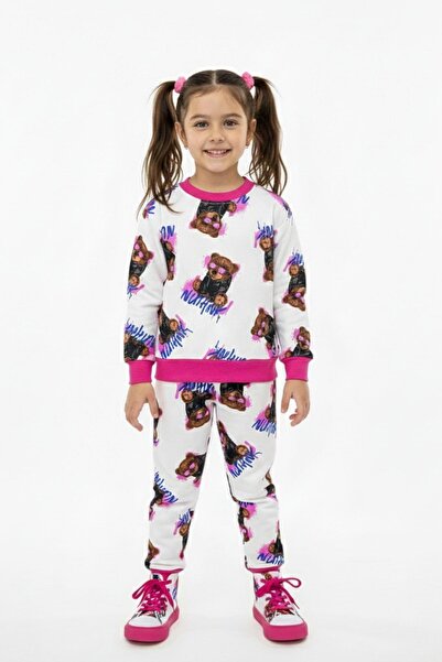 NEWKİDS Teddy Bear Printed 3 Thread Ş Fleece-Lined Thick Winter Suit for Girls