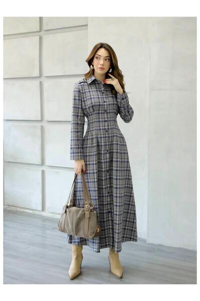 Coral Düğmeli Ekose Elbise 5229 Mavi