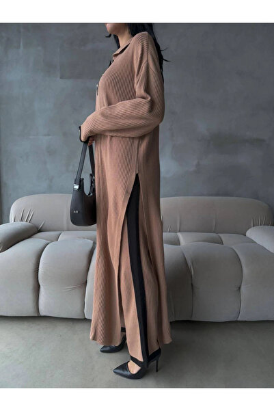 Zerenyus Pants Slit Dress Double Knitwear Set Mink