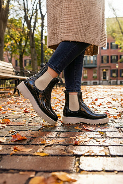 USLU Kadın Parlak Chelsea Yağmur Botu - Su Geçirmez Kısa Bilek Yağmur Çizmesi