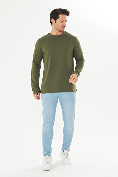 TRENDHİLL Ανδρικό μπλουζάκι με μακρύ μανίκι από βαμβακερό λαιμόκοψη χακί 5020B-H