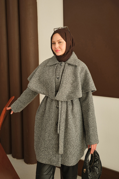 LOCCO Γυναικείο παλτό με βελούδινη κασμίρια με κάπα ώμου γκρι