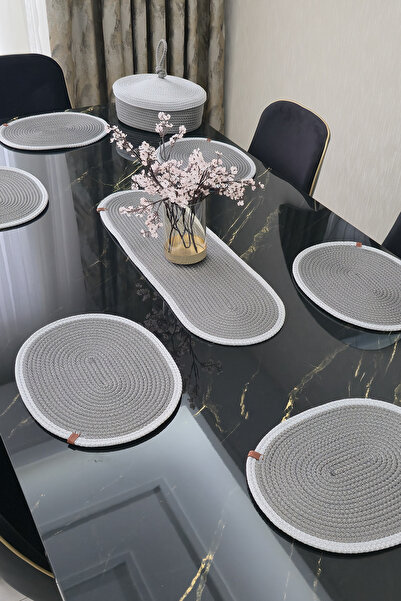 KAAN HOME 6-Piece Supla Bread Basket Set with 1 Runner and 1 Lid with Handle, Gray and White Color Patterned Presentation Basket