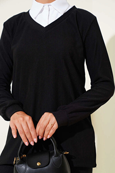 Zerenyus Shirt Collar Corded Fabric Casual Double Hijab Suit Black