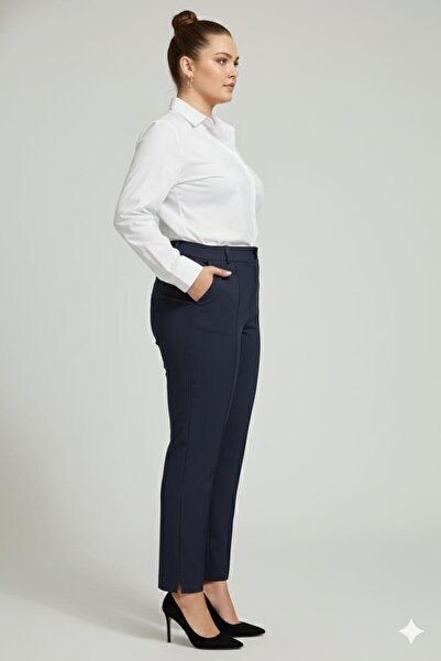 RMG Front Corded Fabric Large Size Fabric Trousers Navy Blue
