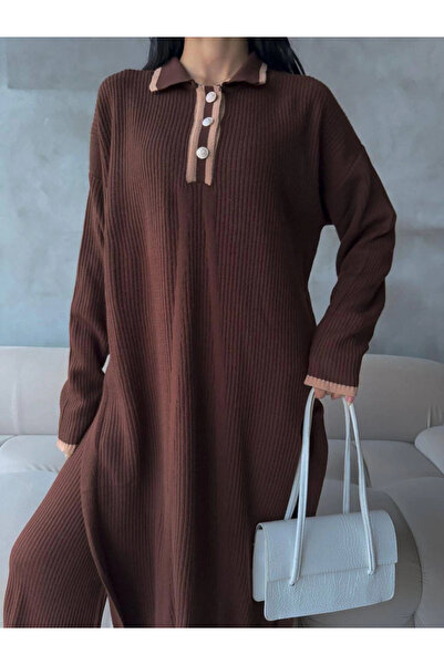 Zerenyus Pants Slit Dress Double Knitwear Set Brown