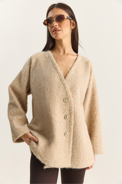 Bianco Lucci Women's V-Neck Stylish Asymmetrical Buttoned Wrinkled Cashmere Cardigan 55000 60283567