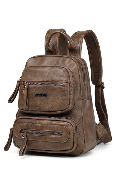 Hüvendo Barcelona Small Size Daily Multi-Pocket Women's Backpack – First Quality Polyurethane Leather Brown