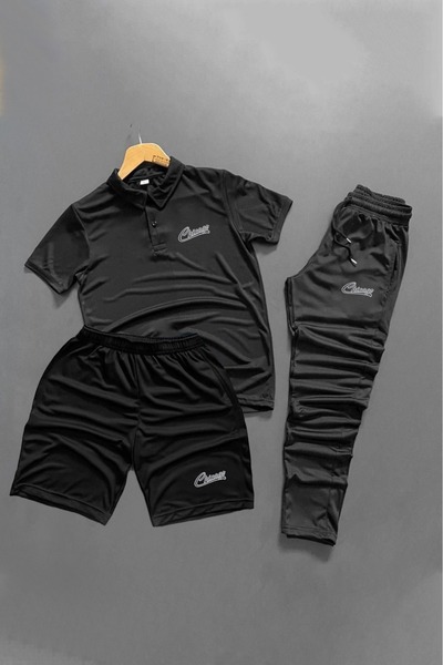 NOFLEN Polo Yaka Chicago Printed 3-Piece Shorts and Sweatpants Set