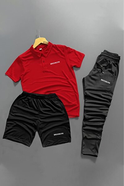 NOFLEN Polo Yaka Brooklyn Printed 3-Piece Shorts and Sweatpants Set