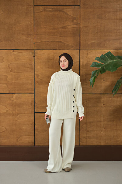 LOCCO Set de tricotaje cu nasturi pentru femei Ecru