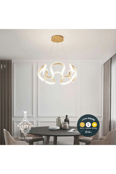 Lzy Avize Store Modern Gold Yuvarlak LED Avize - Kumandalı & 3 Renk Işık (55cm)