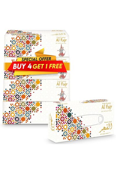 Al Fajar Al Fajr Facial Tissue Boxes Value Pack 4+1 Free, 200 Sheets x 2 Ply per Box Total 1000 Sheets