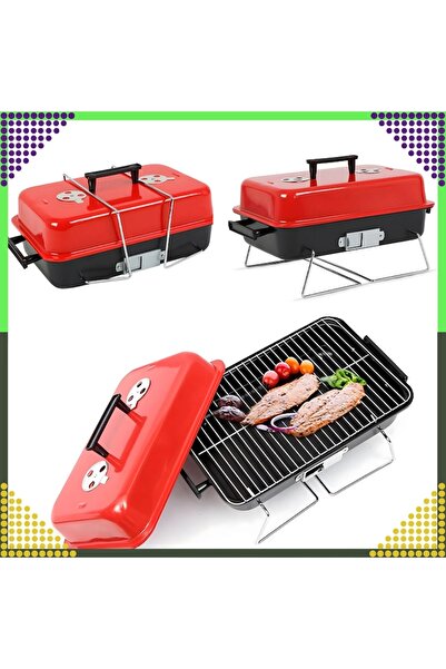 Optim Solution Foldable Portable Camping Grill with Lid, 0.5 mm Cold-Rolled Steel, Chrome Grate, Red
