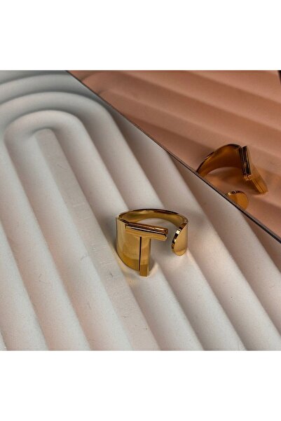 GÜLNAR BİJUTERİ Letter Adjustable Gold Color Steel Ring