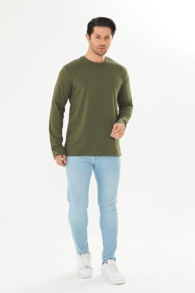 TRENDHİLL Ανδρικό μπλουζάκι με μακρύ μανίκι από βαμβακερό λαιμόκοψη χακί 5020B-H