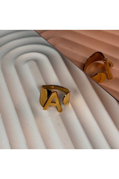 GÜLNAR BİJUTERİ Letter Adjustable Gold Color Steel Ring