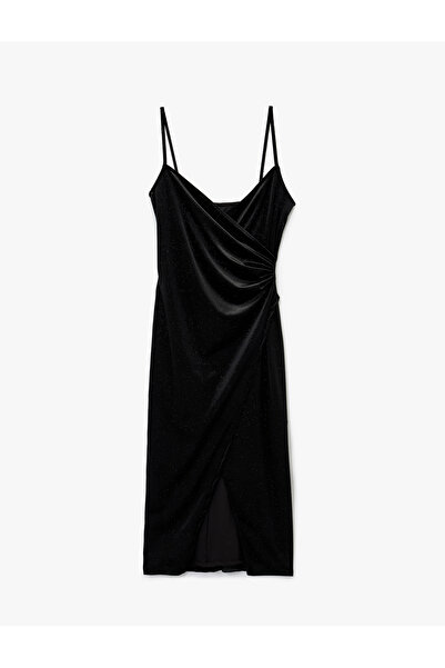 Koton Glittery String Strap D Draped K Double-Breasted Neckline Midi Slip Velvet Evening Dress