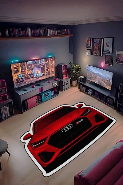 Qatalina OYUNCU HALISI KIRMIZI AUDİ RS6 ÖZEL KESİM KAYMAZ TABAN LEKE TUTMAZ K...