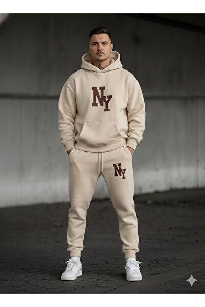 NİCE Σετ αθλητικής φόρμας Three Thread Compact με κουκούλα Cotton Inside NY NewYork B με τύπωμα Premium O oversized