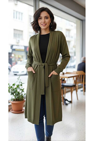 güncüoğlu Long Sleeve with Pockets and Belt 110cm Long Knitwear Cardigan