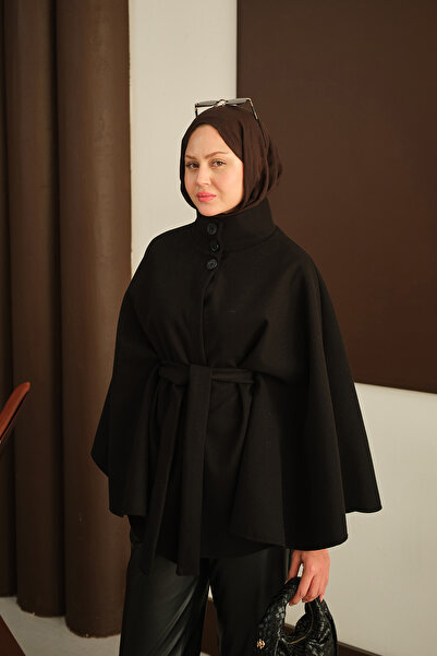 LOCCO Women's Three Button Detail Poncho Black