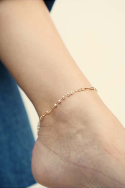 Liviena İnci Detaylı Çelik Gold Halhal