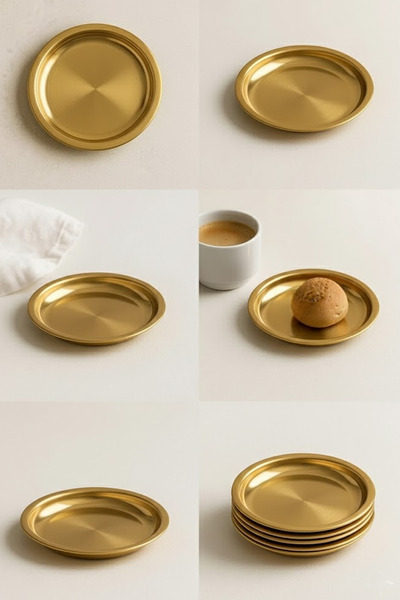 Anadolu Saray Set of 6 - 11 cm Gold Steel Serving Plate Luxury Appetizer & Coaster Set