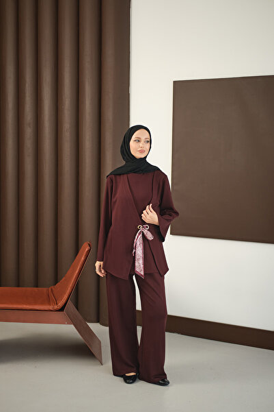 LOCCO Γυναικείο Σετ Μπλούζα με Λεπτομέρεια Φουλάρι Μπορντό