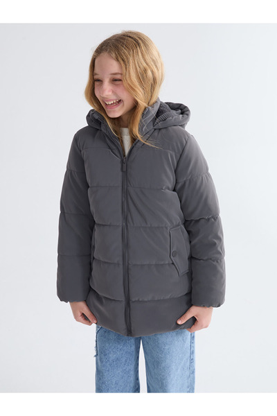 LC Waikiki Kids Anthracite Hooded Girl's Coat