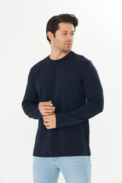 TRENDHİLL Чоловіча бавовняна футболка з довгими рукавами та круглим вирізом, темно-синя 5020B-L