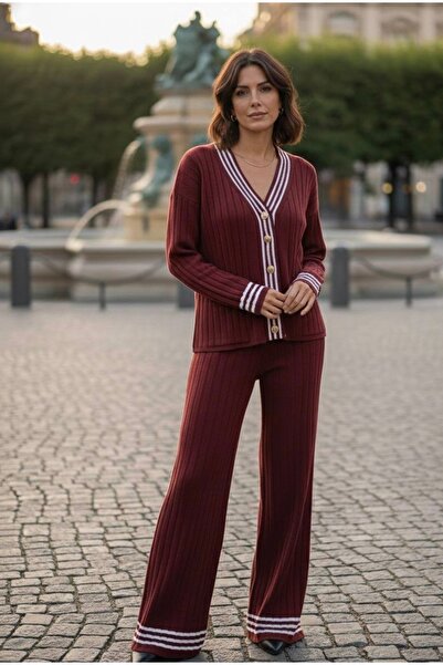 YusGos Women's Striped Knitwear Cardigan Pants College Bottom Top Set