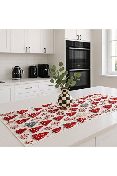 Lilies Atelier Yılbaşı Ağaç Desen Beyaz 3D Mikro Petek Keten Görünümlü Masa R...