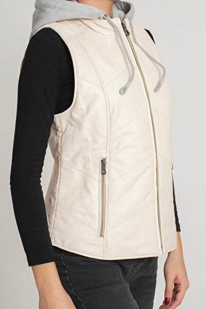 Tasarım Carmen Kadın Ekru Hakiki Deri Kapüşonlu Yelek