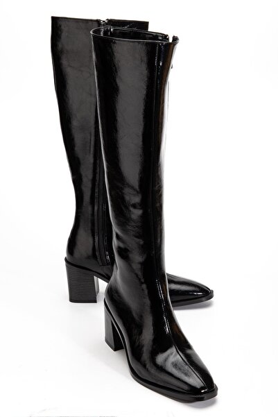 Dilimler Ayakkabı Γυναικείες μπότες με τακούνι Μαύρο λουστρίνι με φερμουάρ και χοντρή μύτη