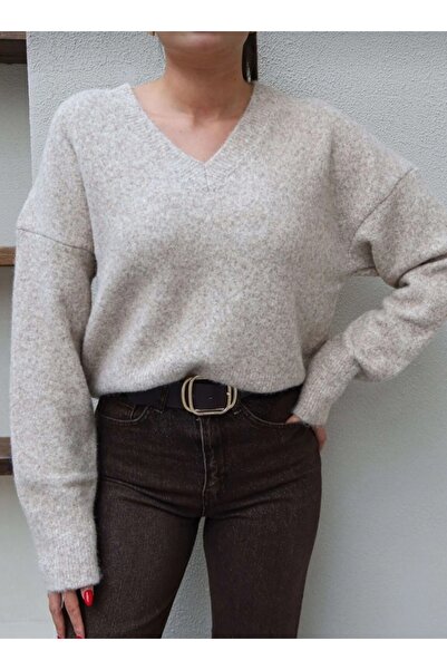 DİMA Pulover de tricotat cu decolteu în V, mărime standard