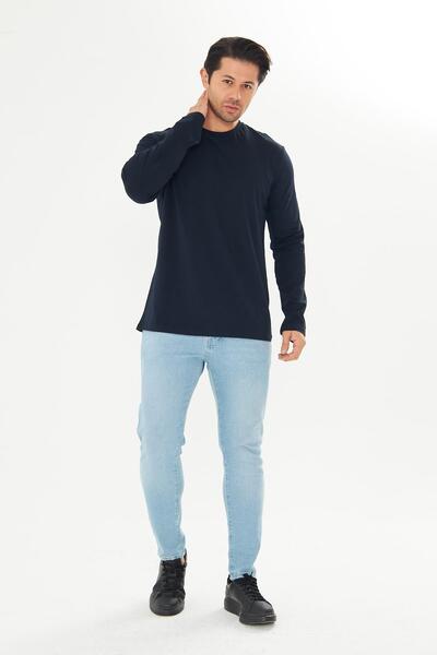 TRENDHİLL Чоловіча бавовняна футболка з довгими рукавами та круглим вирізом, темно-синя 5020B-L
