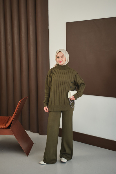 LOCCO Γυναικείο Σετ Πλεκτό με Κουμπιά Χακί Πράσινο