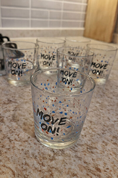 SİHİRLİ AYAKLAR 6-Piece Glass Slogan Water Glasses Soft Drink Glasses'Move on' Written Soft Drink Glasses 330 ml