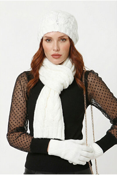 FATELLA Women's White Hair Braid Patterned Knitwear Beanie Scarf Gloves Set