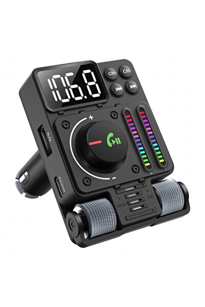 Optim Solution Car FM Transmitter Bluetooth 5.3, PD 30W Fast Charge, 1.38" Rotating LED, CVC 8.0 Mic, Black