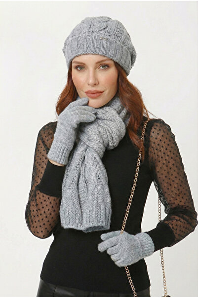 FATELLA Women's Gray Hair Knitted Patterned Knitwear Beanie Scarf Gloves Set
