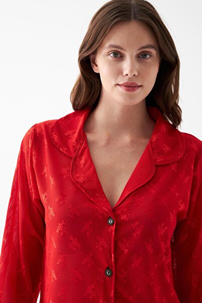 Akbeniz Women's Red Sheer Jacquard Buttoned Pajama Set