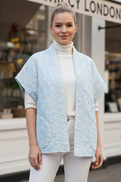 Chiccy Baby Blue χωρίς γιακά, χωρίς μανίκια, χωρίς κλειστές τσέπες, casual καπιτονέ oversized υφαντό μπουφάν κιμονό 80 70