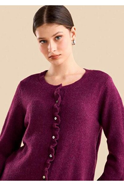 Cockatoo Ruffle Detailed Long Sleeve Crew Neck Knitwear Cardigan