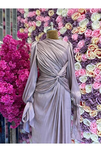 YuSeM Krinkıl Saten Abiye Gül Kurusu